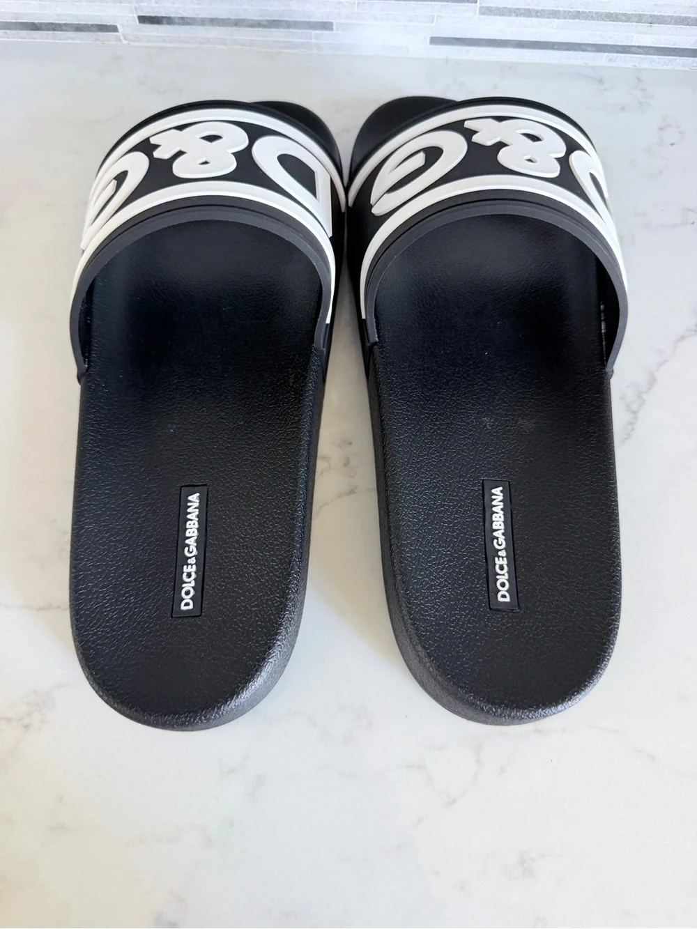 New Men’s  D&G Dolce & Gabbana Black & White Logo Slide Sandals size 9